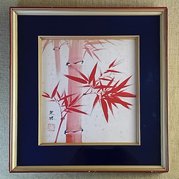 Kōkei - Red Bamboo - Framed Japanese Shikishi Painting, Shōwa Period