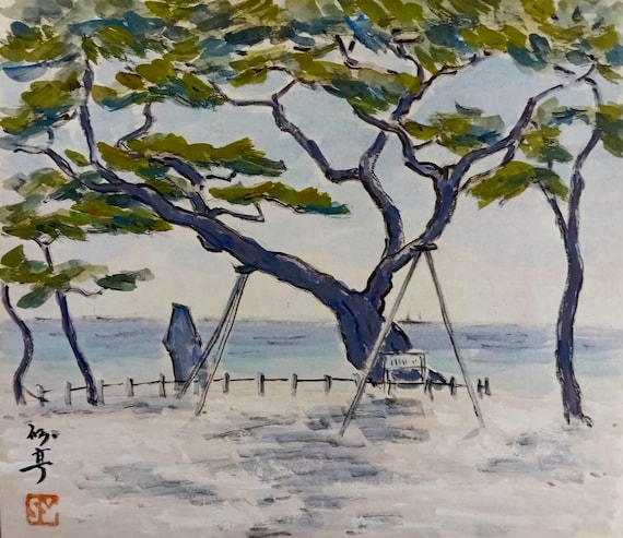 Vintage Japanese shikishi coastal landscape, Shōwa period