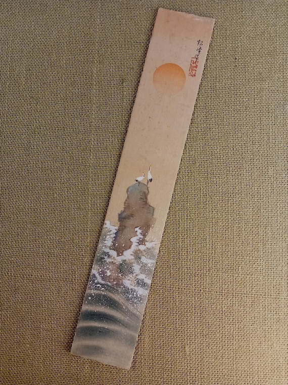 Antique Japanese silk tanzaku – cranes and sun