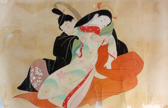 Antique Japanese Shunga Erotic Art, Ink Painting on Silk, Edo period, Ukiyo-e, Bijin-ga, Lovers Art