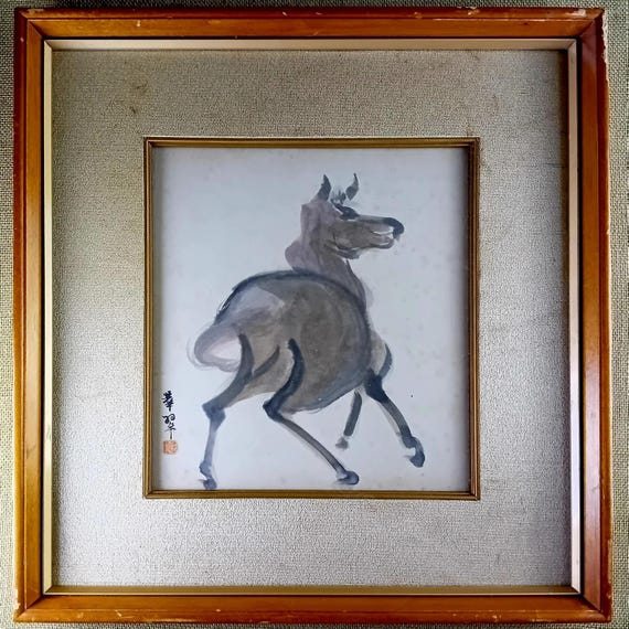 Kasui — Horse in Motion — Sumi-e Shikishi in Vintage Japanese Frame
