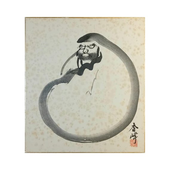 Saitō Kan'ichi (Kōhō) — «Daruma and Ensō» — Japanese Sumi-e Shikishi, 1968