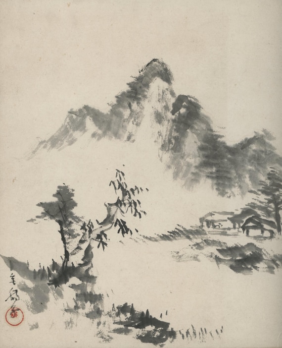 Vintage Shikishi Ink Painting, Original Japanese Sumi-e, Mid 20th Century (Showa), Washi paper, cardboard, Wall Hanging