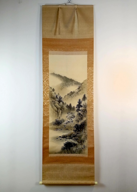 Vintage Japanese Scroll, Sumi-e, Ink Painting on silk, Kakejiku, Kakemono, Wall Hanging Art, long 188cm #944