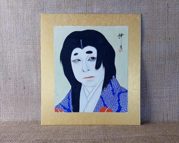 Vintage Japanese Ukiyo-e, Kabuki, Sumi-e, Original Painting (Shōwa period), Ink Drawing on Shikishi, Asian Art, Minimalism Wall Hanging