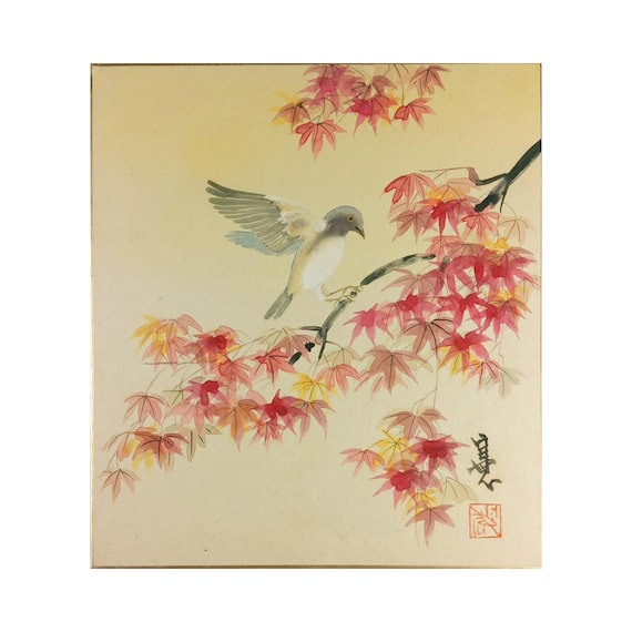 Ogawa Ken’ichi Hōjitsu - Bird and Autumn Maple - vintage Japanese painting on shikishi