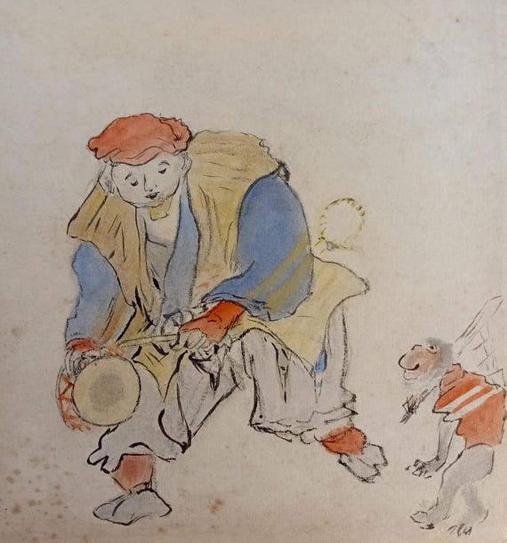 Vintage Taishō–early Shōwa Japanese ink and graphite shikishi set – street performer and monkey