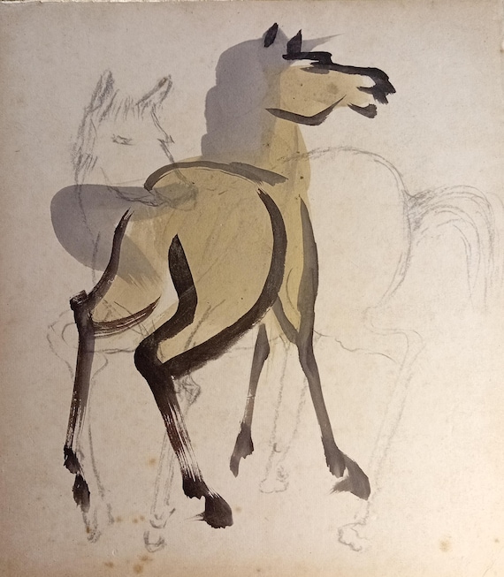 Vintage Japanese shikishi horse study, early–mid Shōwa period
