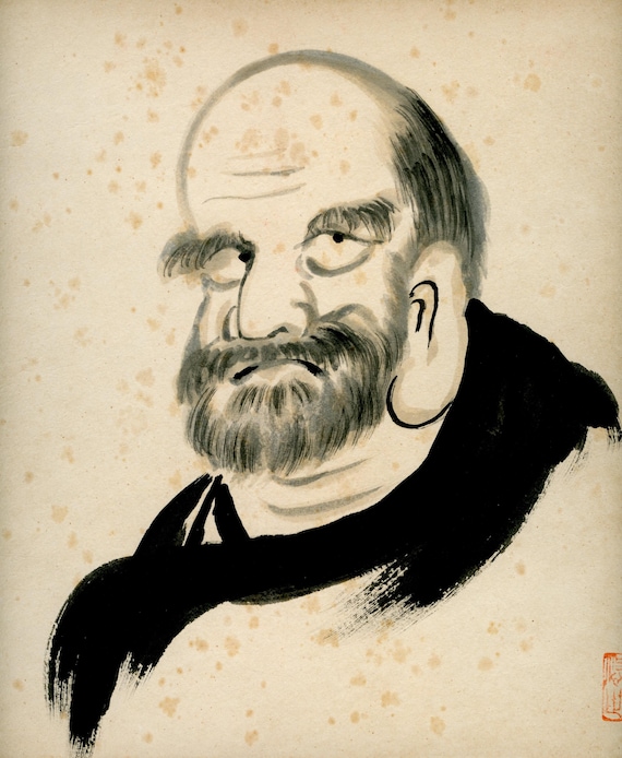 Antique (Vintage) Japanese Sumi-e, Original Painting 1920s-1950s Shōwa period, Ink Drawing on Shikishi,  Minimalism #832, Daruma