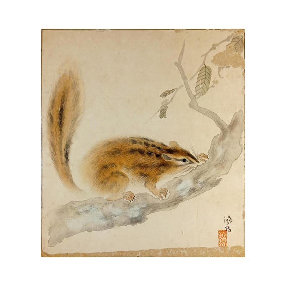 Vintage mid 20th century Japanese ink and color shikishi - woodland scene on branch