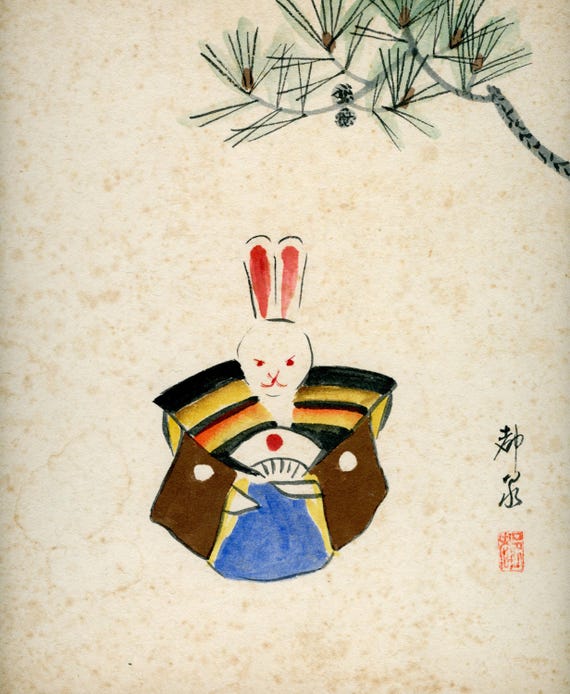 Antique (Vintage) Japanese Sumi-e, Original Painting 1920s-1950s Shōwa period, Ink Drawing on Shikishi,  Minimalism #832, Zodiac
