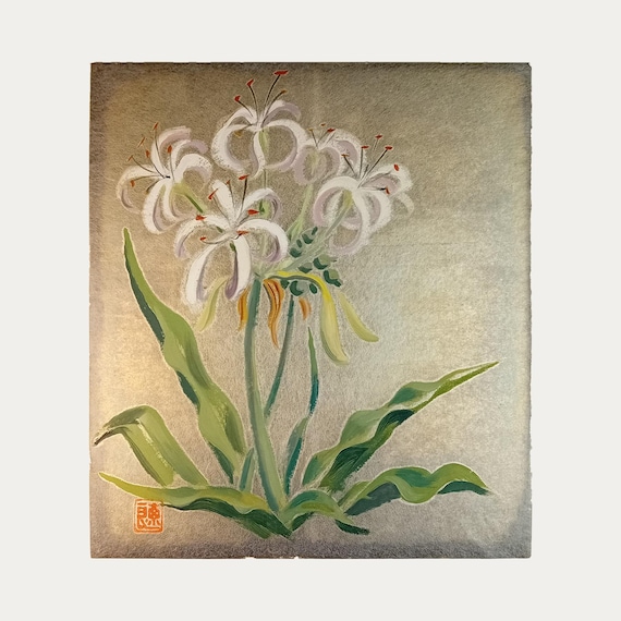 White Lilies on Silver Ground – Japanese Shikishi Painting, Early–Mid Showa