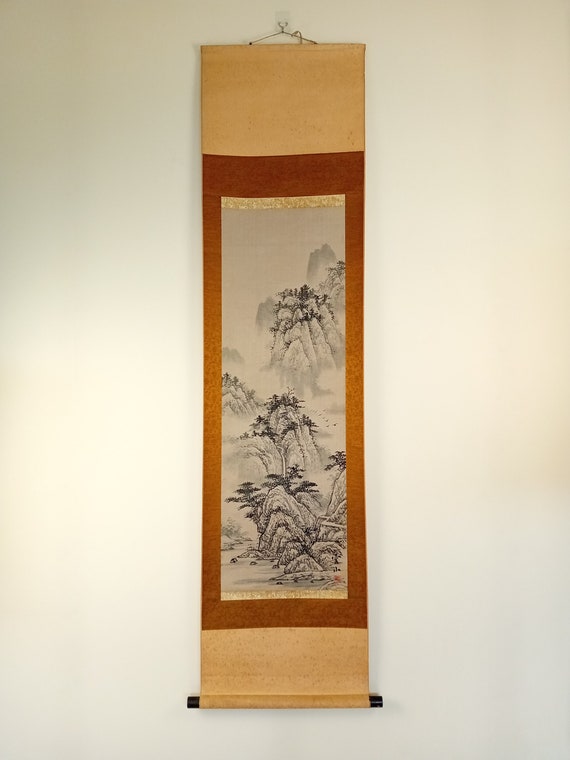 Vintage Japanese Scroll, Sumi-e, Ink Painting, Kakejiku, Kakemono, Japan Wall Hanging, #423, Japanese Landscape