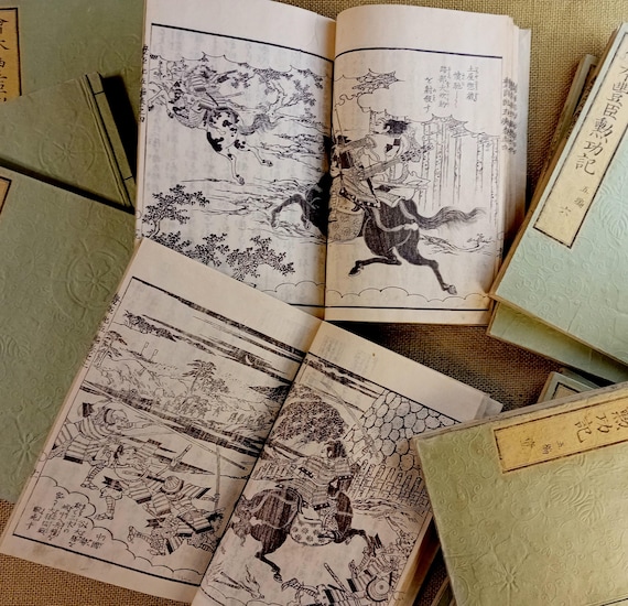 Utagawa Kuniyoshi Antique Japanese Woodblock Book, Edo Period, Vol. V Complete (10 Books), 79 Engravings, “Ehon Toyotomi Kunkōki” — Tanekiyo