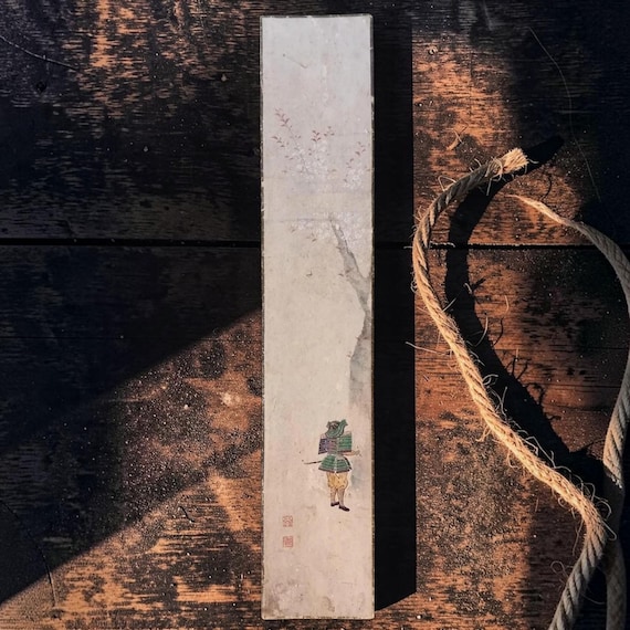 Antique Taishō early Shōwa Japanese ink and color tanzaku – samurai figure