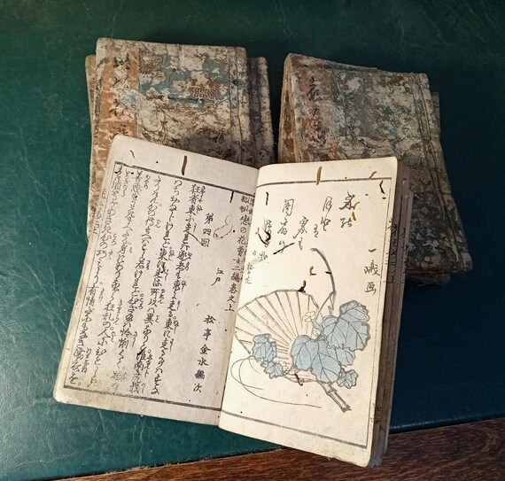 Antique Edo Japanese illustrated woodblock book, Tenpo period, 1832–1833, Shotei Kinsui, Teisai Sencho, set of 8 volumes