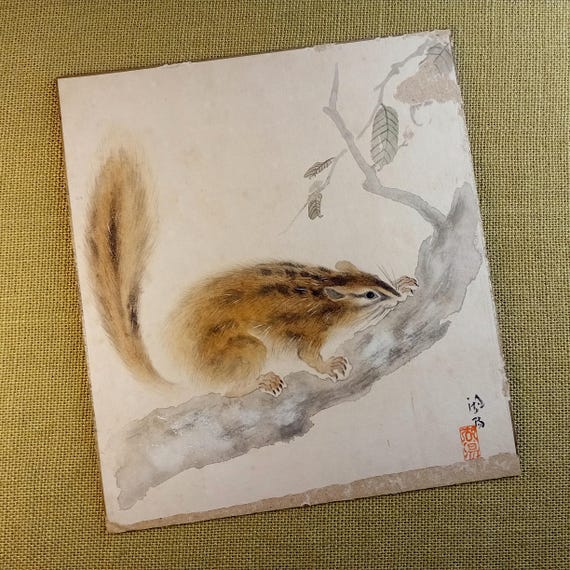 Vintage mid 20th century Japanese ink and color shikishi - woodland scene on branch