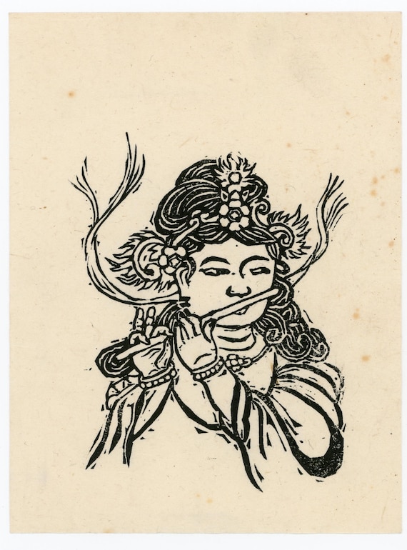 Vintage Japanese  woodblock print, Authentic, Buddhism, Woodcut