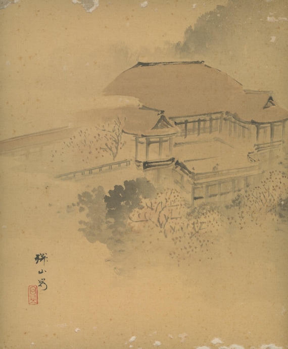Antique Japanese Sumi-e, Ukiyo-e, Original Painting, Edo - Meiji, Ink Drawing on silk, shikishi, Asian Art, #833 Wall Hanging