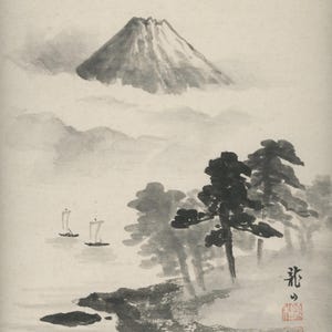 Pintura vintage con tinta Shikishi, Sumi-e japonesa original, mediados del siglo XX (Showa), papel washi, cartón, para colgar en la pared.