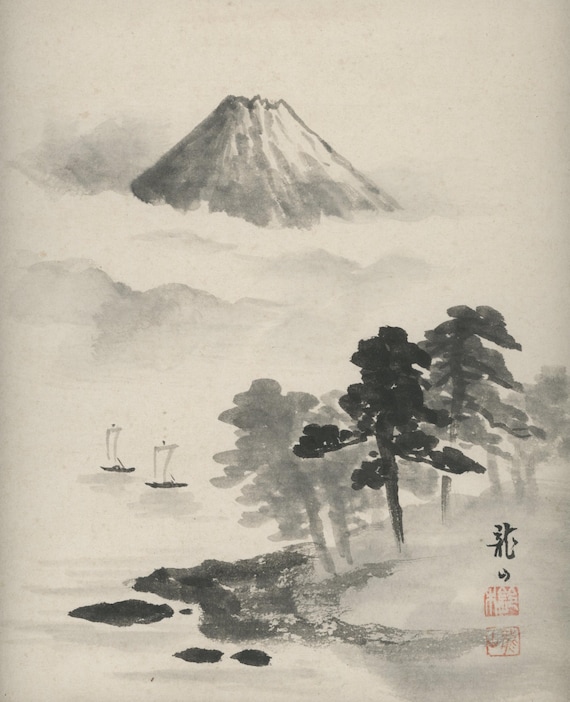 Vintage Shikishi Ink Painting, Original Japanese Sumi-e, Mid 20th Century (Showa), Washi paper, cardboard, Wall Hanging