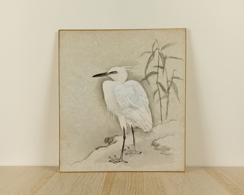 Sumi-e japonais antique, Shikishi du Japon, peinture à l'encre d'eau du Japon, art du Japon, peinture sur carton, 2048, oiseau japonais image 1