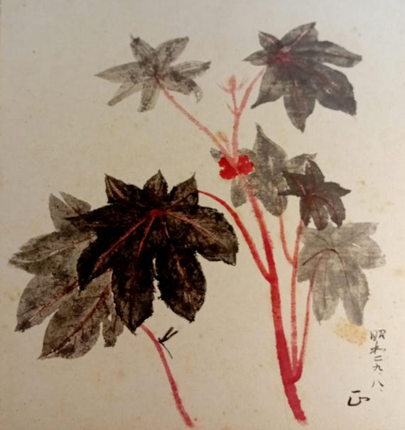 Vintage early–mid Shōwa Japanese watercolor shikishi – purple botanical motif