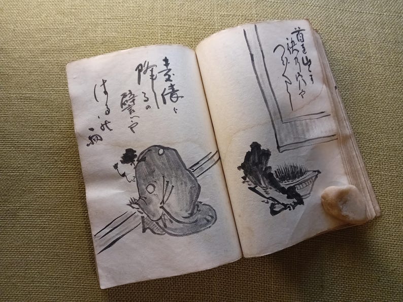 Libro de poesía japonés antiguo pintado a mano sobre papel washi - Patrimonio Buson, haiga, más de 100 ilustraciones imagen 12