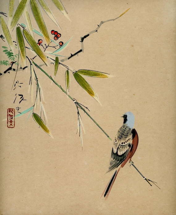 Antique (Vintage) Japanese Sumi-e, Original Painting 1920s-1950s Shōwa period, Ink Drawing on Shikishi,  Minimalism #832 Wall Hanging