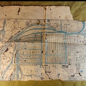Gravure sur bois japonaise ancienne, Original, photo d'Osaka, période Edo, milieu des années 1800, carte, gravure sur bois