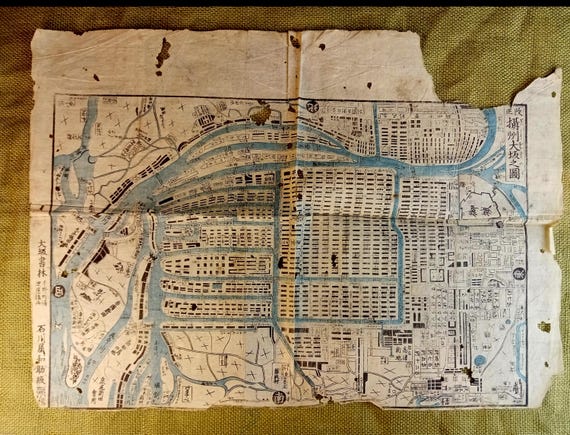 Antique Japanese woodblock print, Original, Picture of Osaka, Edo period, mid-1800s, Map, Woodcut
