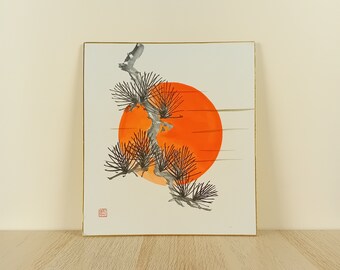 Vintage Japanese Sumi-e, Japan Shikishi, Japan Water Ink Painting, Japan Art, Painting on Cardboard, #2049, Japanese Landscape