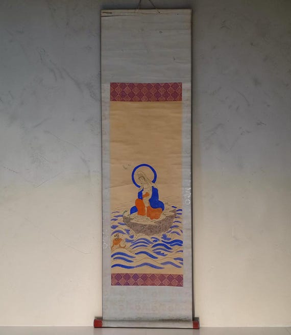 Antique Meiji Japanese buddhist temple kakemono (kakejiku) - Kannon at sea, small format #T051