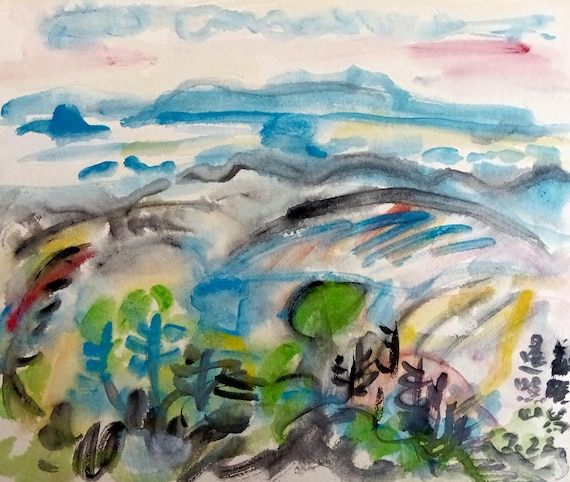 Vintage Shōwa Japanese watercolor shikishi – mountain landscape