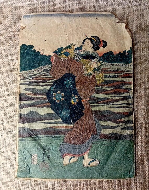 Antique Japanese woodblock print, Utagawa Kuniyoshi, Genuine, Edo, Ukiyo-e, Woodcut, Full size