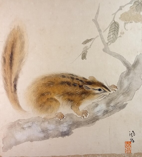 Vintage mid 20th century Japanese ink and color shikishi - woodland scene on branch