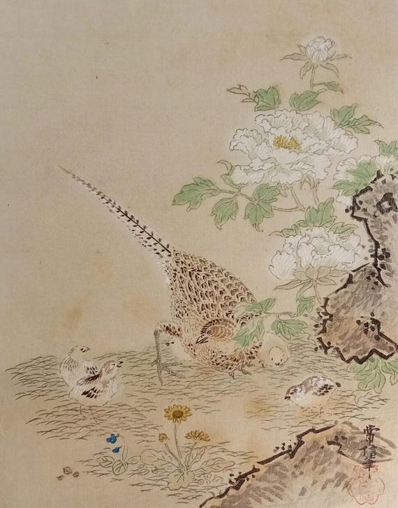 Antique Japanese Woodblock Print – Flowers & Birds by Kano Tsunenobu | Kachō-ga, Early 20th Century