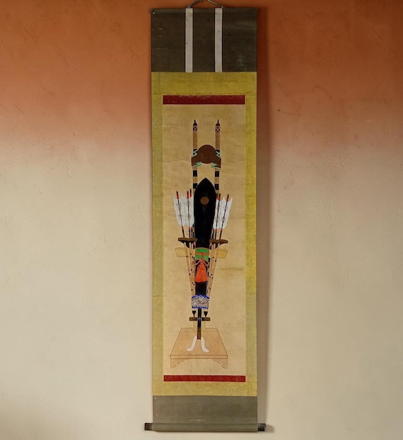 Antique Japanese scroll “Samurai Armor Display (Yoroi Kazari)”, ink and color on paper kakemono (kakejiku), Meiji–early Shōwa period #1811