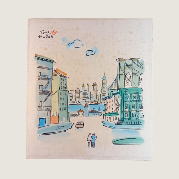 New York – Toshio Suga – 1960s Vintage Japanese Painting on Shikishi