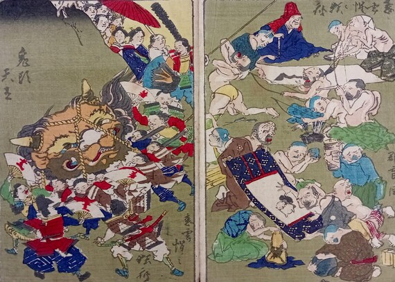 Kawanabe Kyosai Antique woodblock print Kyosai Hyakuzu – two-scene sheet