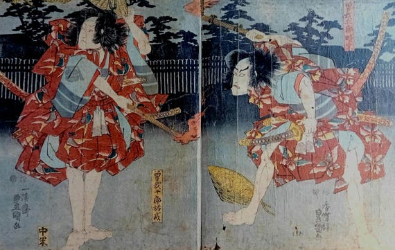 Antique Edo period 1851 Toyokuni III (Kunisada) Japanese woodblock diptych – samurai kabuki scene
