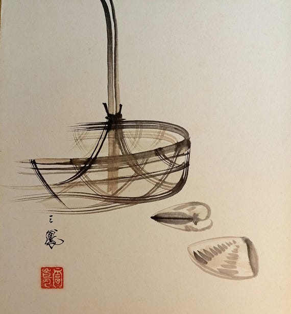 Vintage Shōwa Japanese ink shikishi – bamboo flower basket