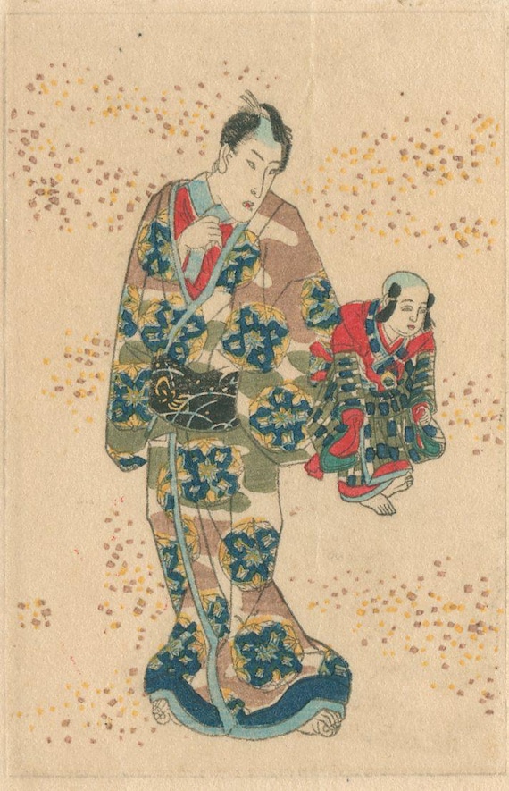 Utagawa Kunisada Genji Reprint, Man with Boy in Armor, Meiji Taishō Early Shōwa Miniature Print, ca. 1900–1935