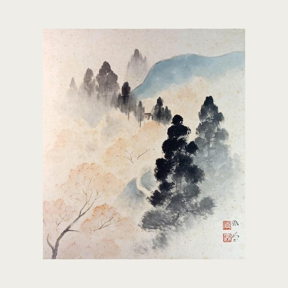 Pink Blossoms in Mountain Mist – Japanese Sumi e Shikishi, Showa Period