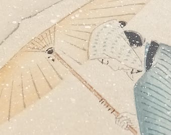Vintage eerste helft 20e eeuw Japanse inkt en kleur shikishi - schoonheid met paraplu in sneeuw