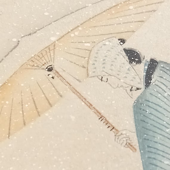 Vintage first half 20th century Japanese ink and color shikishi - beauty with umbrella in snow