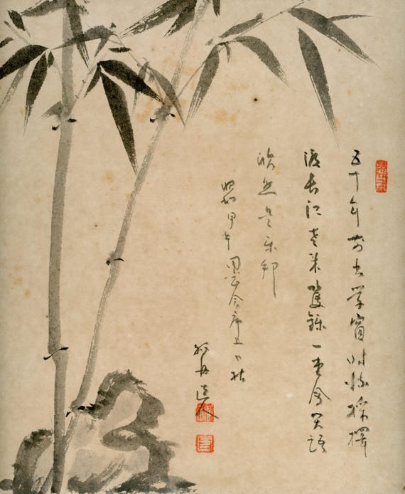 Antique (Vintage) Japanese Sumi-e, Original Painting 1920s-1950s Shōwa period, Ink Drawing on Shikishi,  Minimalism #832 Wall Hanging