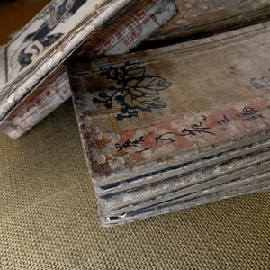 May include: A stack of aged, rectangular paper sheets with faded colors and visible wear. The top sheet features a floral design in blue and black, with Japanese characters. The edges show signs of age and use, suggesting a vintage or antique item.