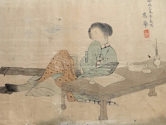 Maruyama Okyo, Woman Resting at a Table, Edo, Antique Japanese Painting