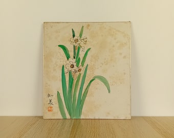 Antique Japanese Sumi-e, Japan Shikishi, Japan Water Ink Painting, Japan Art, Painting on Cardboard, #2059, Japanese Flowers